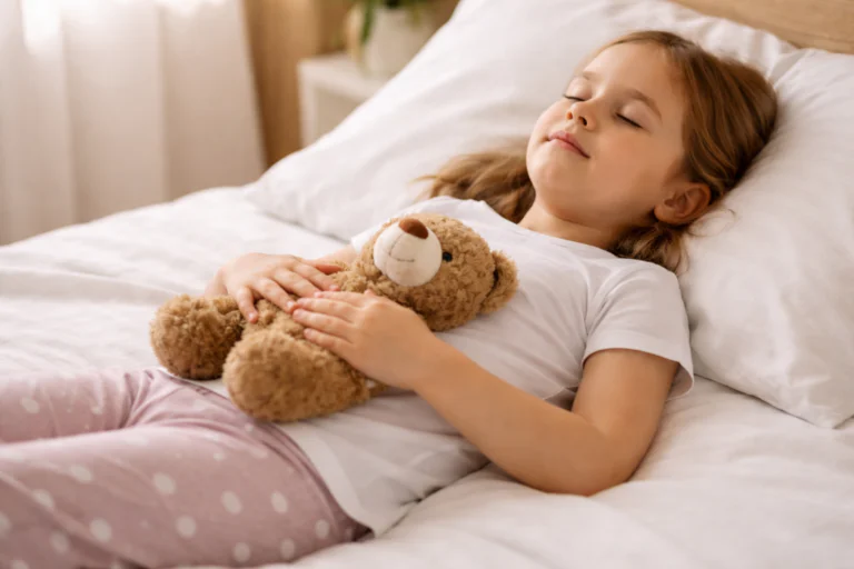 child laying bed breathing with teddy bear