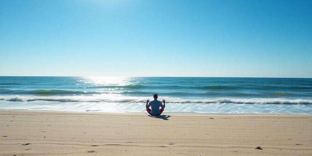 Person meditating on beach, surrounded by nature and tranquility.