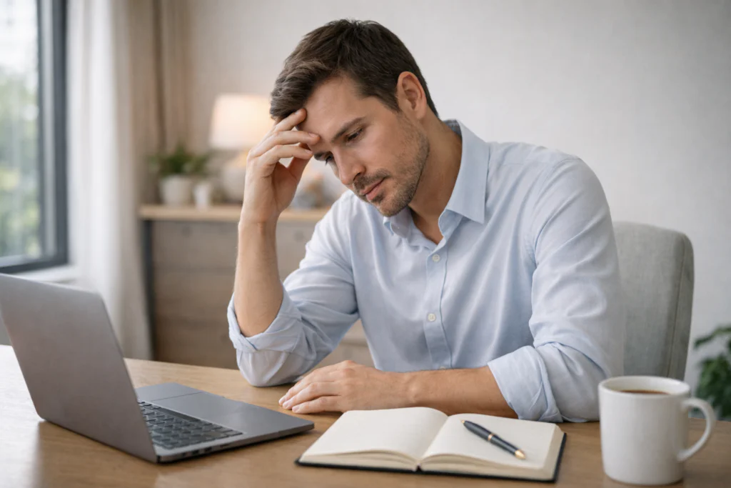 man seated at a desk in a calm workspace, pausing to reflect during a stressful day