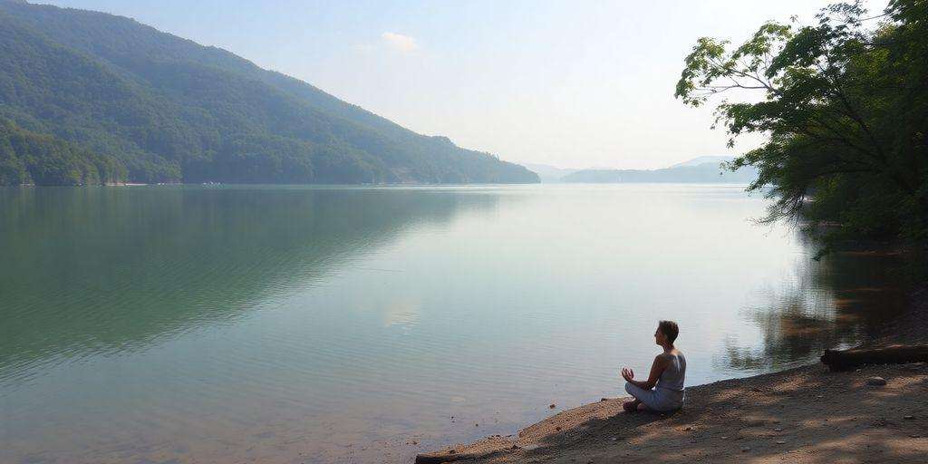 Person meditating by a peaceful lake amidst nature.