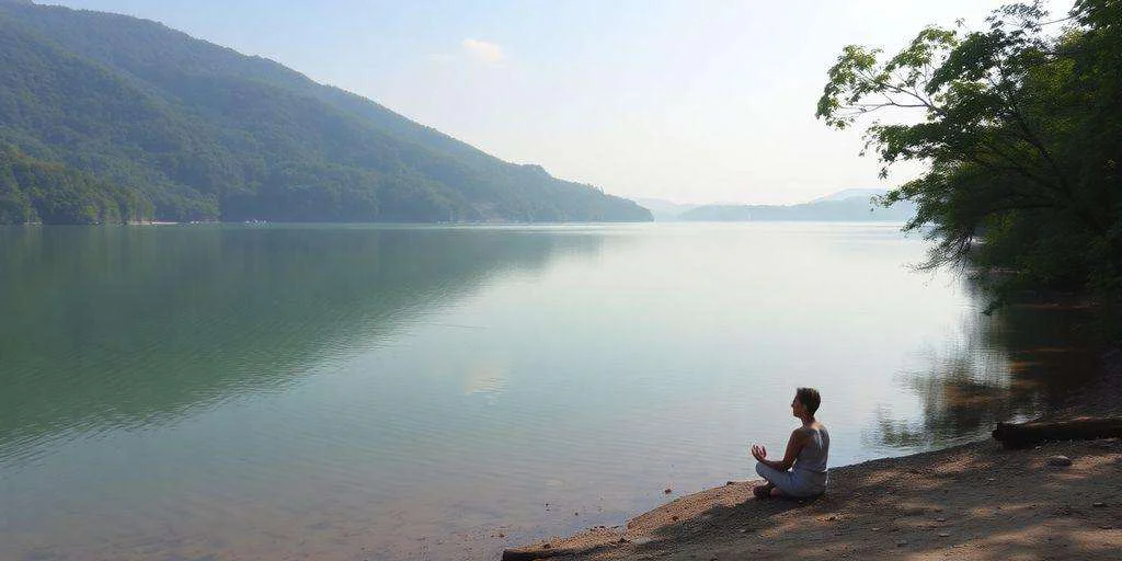 Person meditating by a peaceful lake amidst nature.