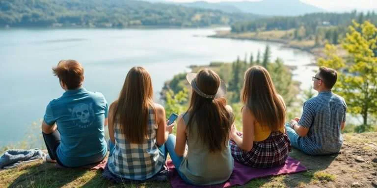 People relaxing in nature, disconnected from devices.