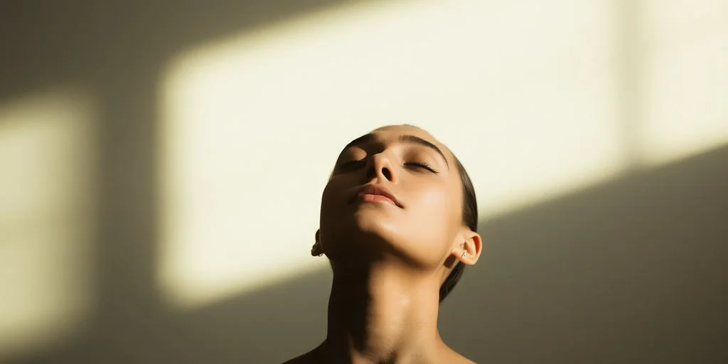 Person peacefully exhaling, eyes closed.