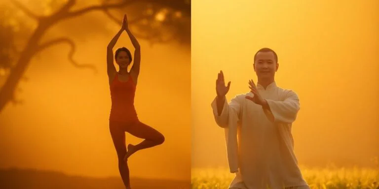 Practicing yoga outdoors at sunrise.