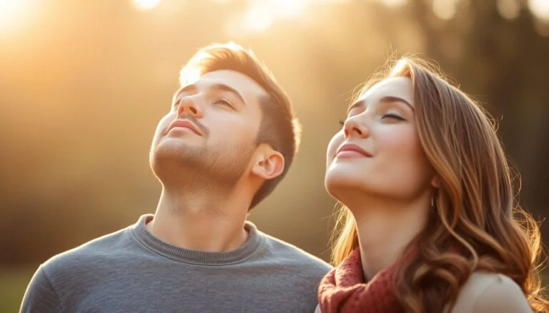 Couple outside, eyes closed, facing the morning sun.