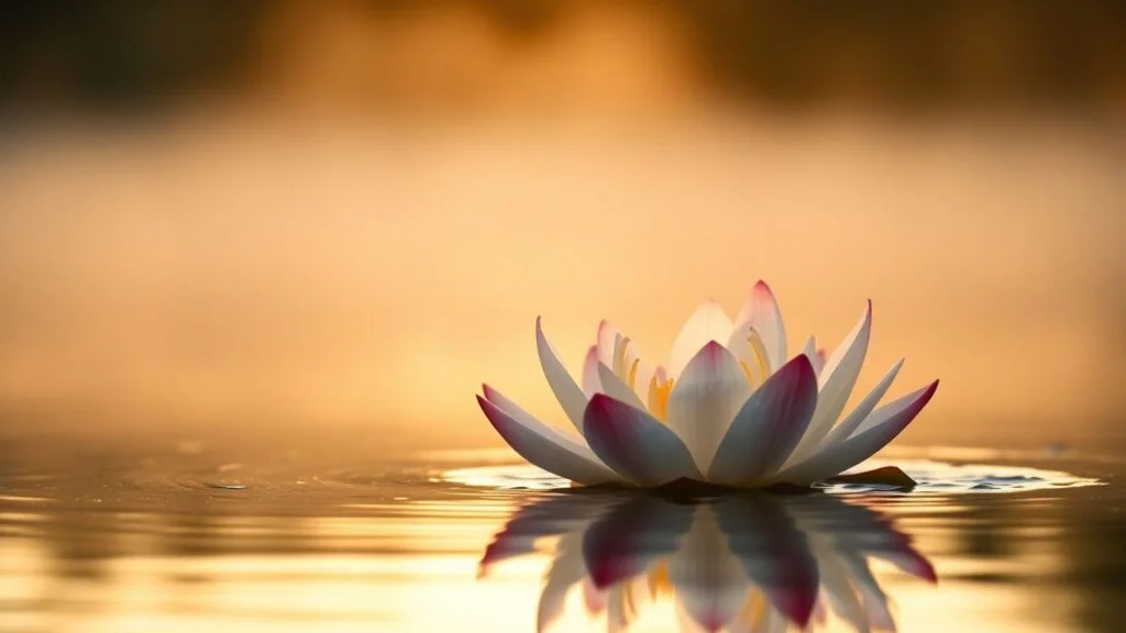 Lotus flower on calm water at sunrise