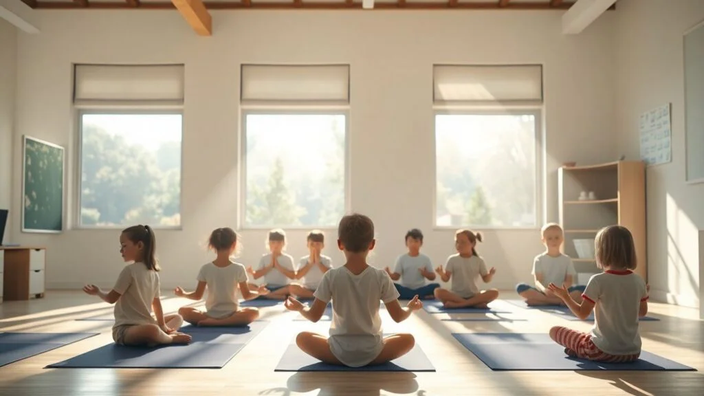 Children meditating in a calm classroom setting.