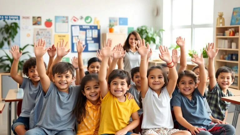 Happy diverse students raising hands in bright classroom