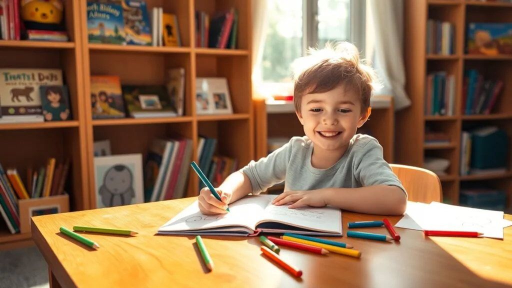 Smiling kid journaling at desk with colorful pencils.
