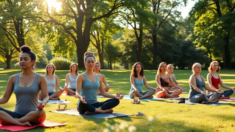 People meditating in a sunlit park setting