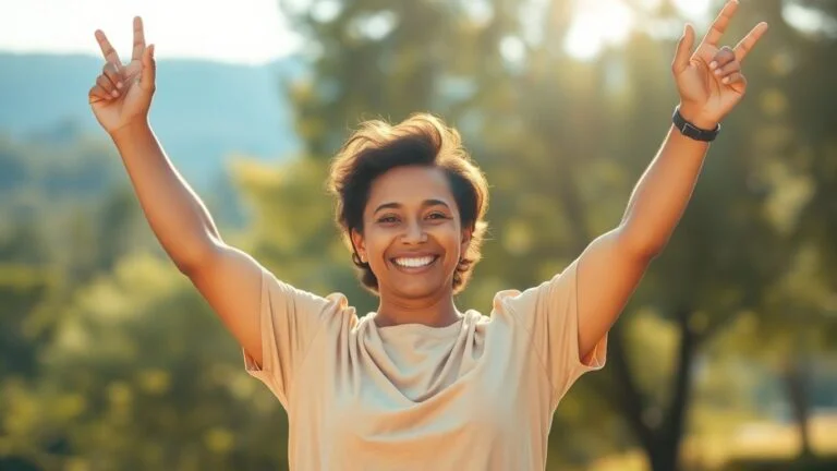 Confident person outdoors with arms raised in sunlight.