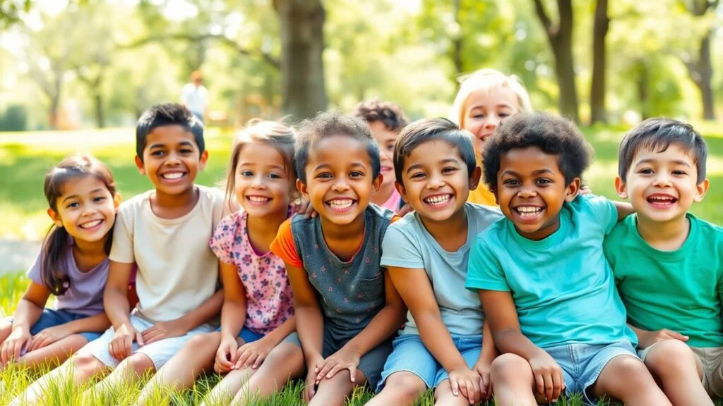 Happy diverse kids smiling outdoors in sunlight
