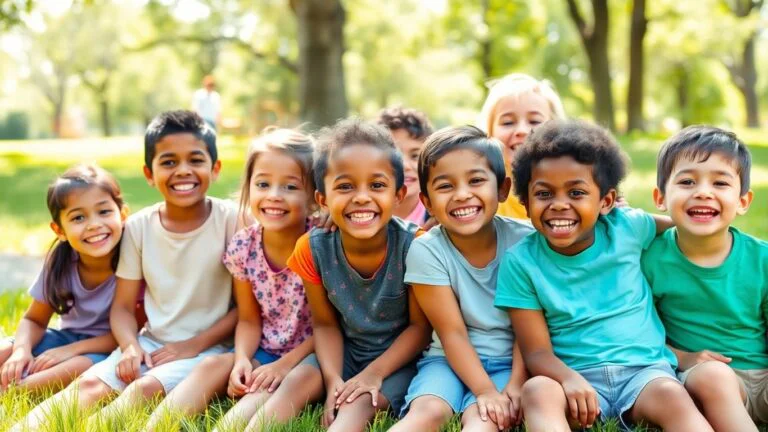 Happy diverse kids smiling outdoors in sunlight