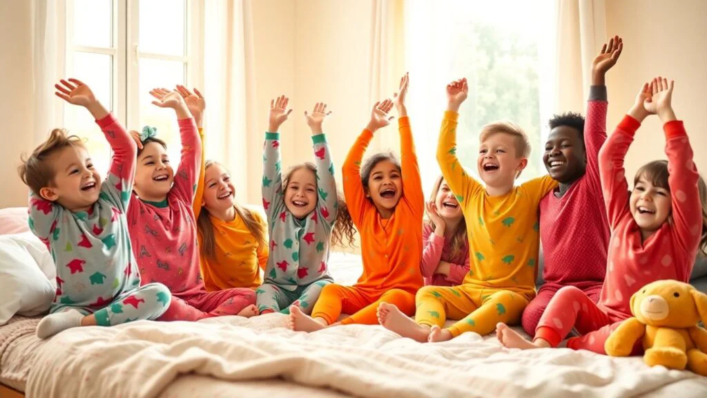 Happy kids in pajamas enjoying a sunny morning