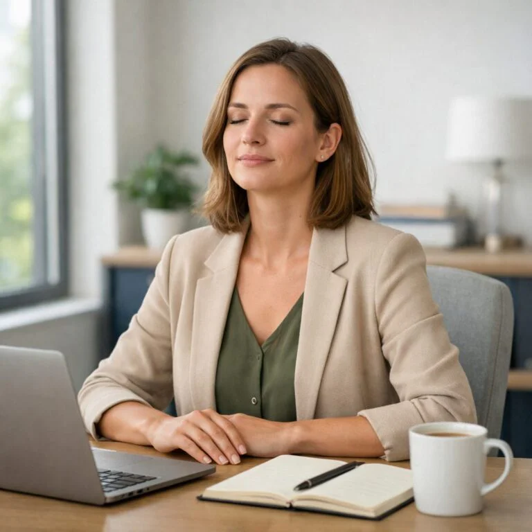 Woman meditating at her desk
