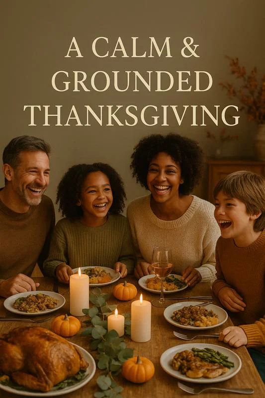 Calm Thanksgiving table with candles and simple decor, creating a peaceful holiday mood