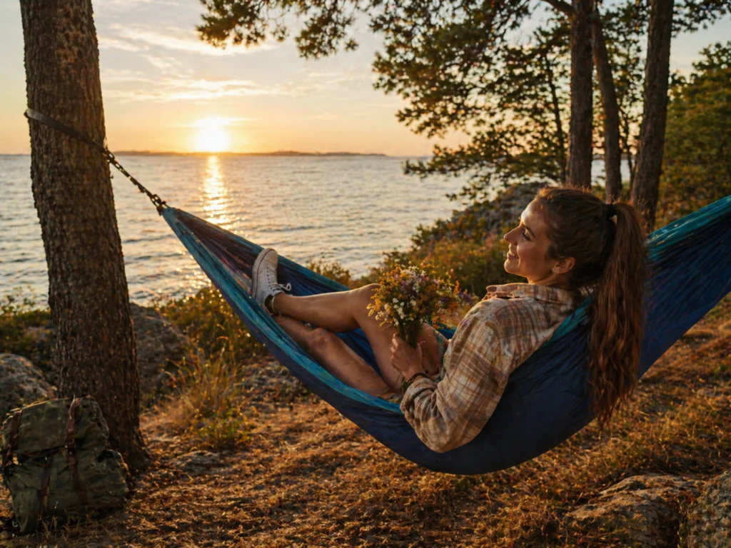 Lady laying on a hammock overlooking a lake, smelling the flowers