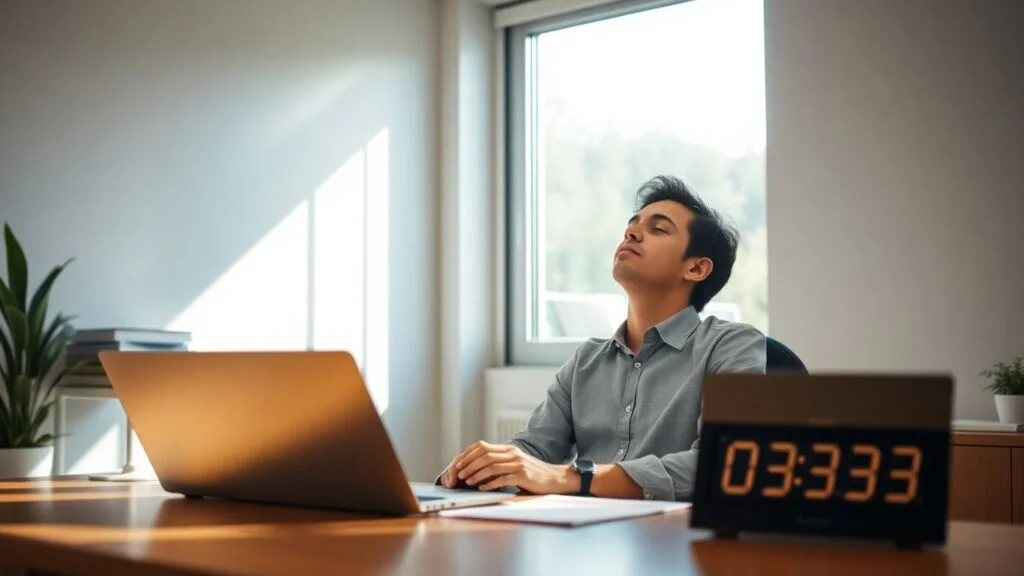 Man meditating at his desk with laptop open
