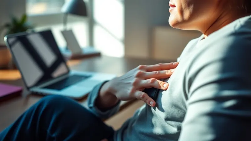 Woman meditating at her desk with her hand on her heart