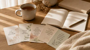 Coffee on a table with affirmation cards