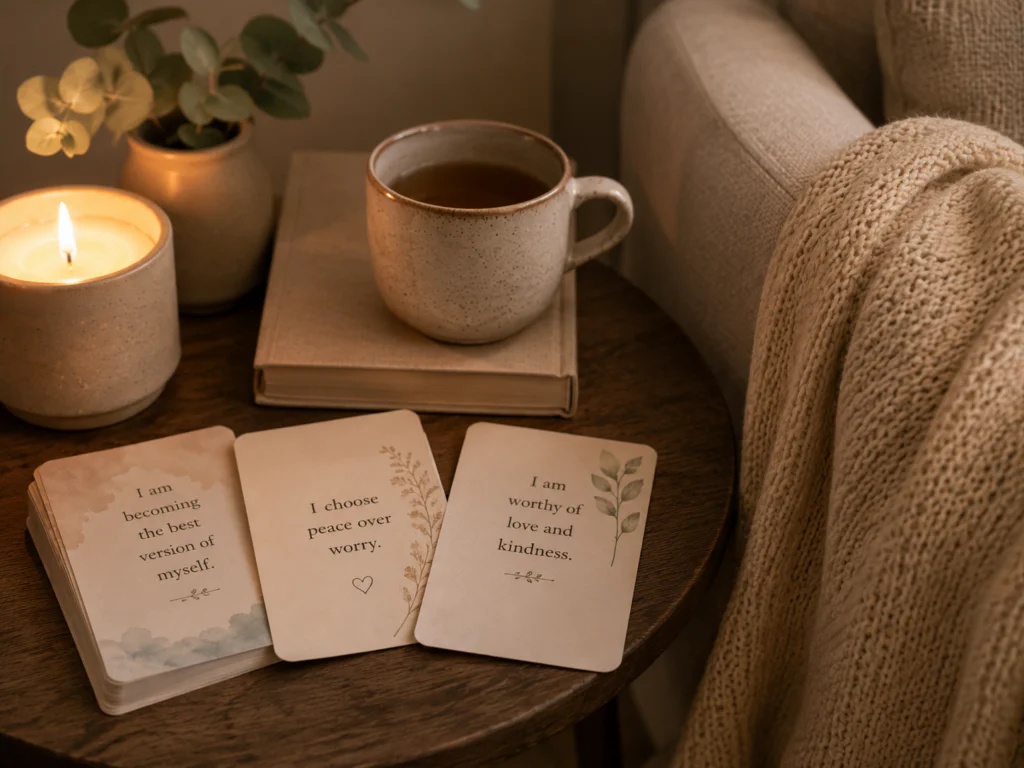 peaceful self-care scene with affirmation cards placed beside a candle
