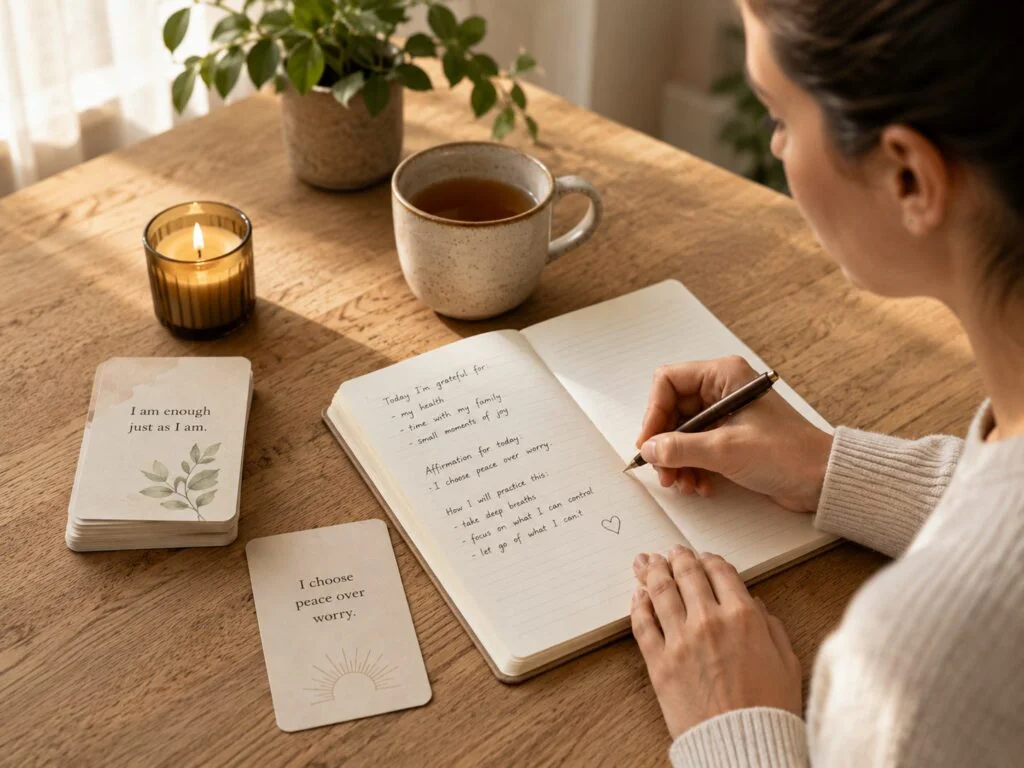 Woman sitting at a wooden table journaling after pulling an affirmation card