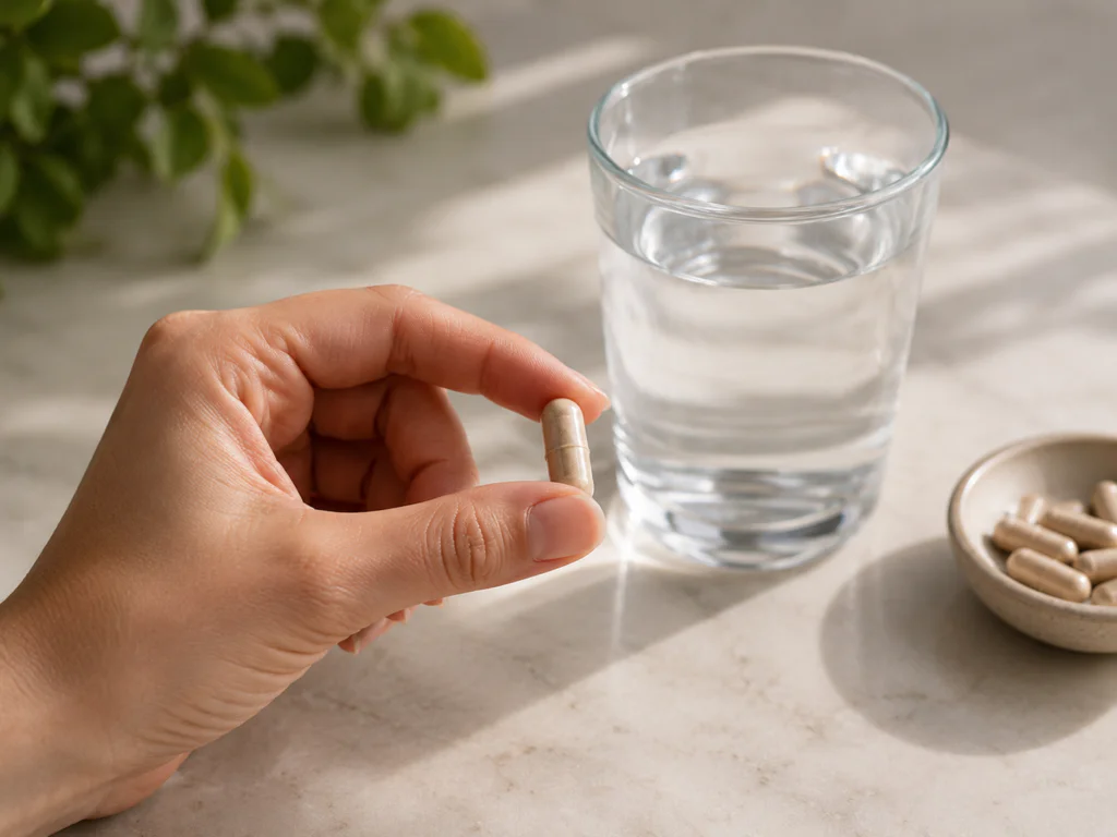 Person holding a pill with a glass of water on the desk