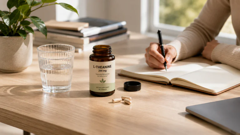 Nootropics - L-theanine bottle open with a pill laying on a desk with a person writing in a journal